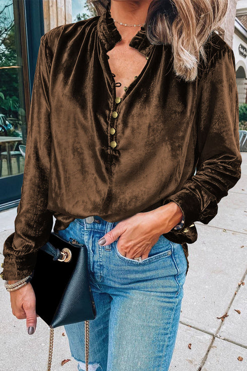Frilled Stand Collar Button Front Velvet Blouse