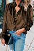 Frilled Stand Collar Button Front Velvet Blouse