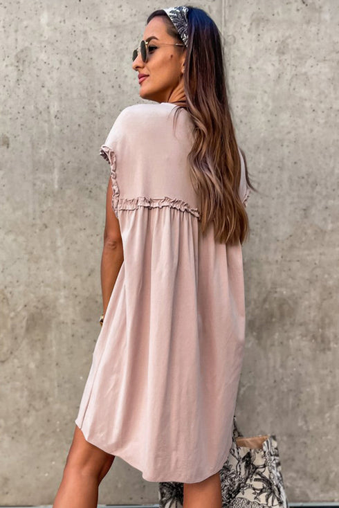 Frilled Trim Crew Neck Loose Fit Mini Dress