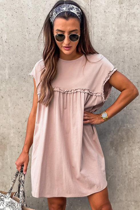 Frilled Trim Crew Neck Loose Fit Mini Dress