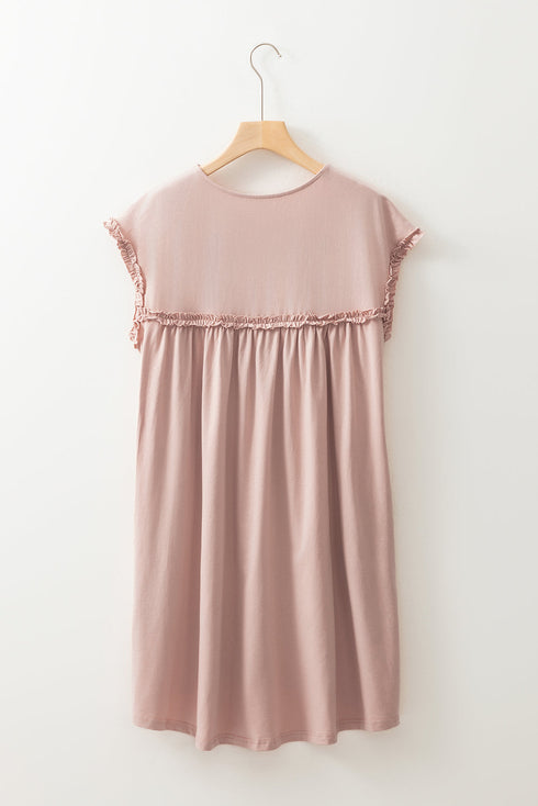 Frilled Trim Crew Neck Loose Fit Mini Dress