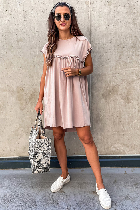 Frilled Trim Crew Neck Loose Fit Mini Dress
