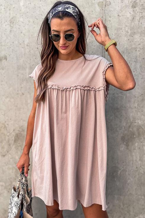Frilled Trim Crew Neck Loose Fit Mini Dress
