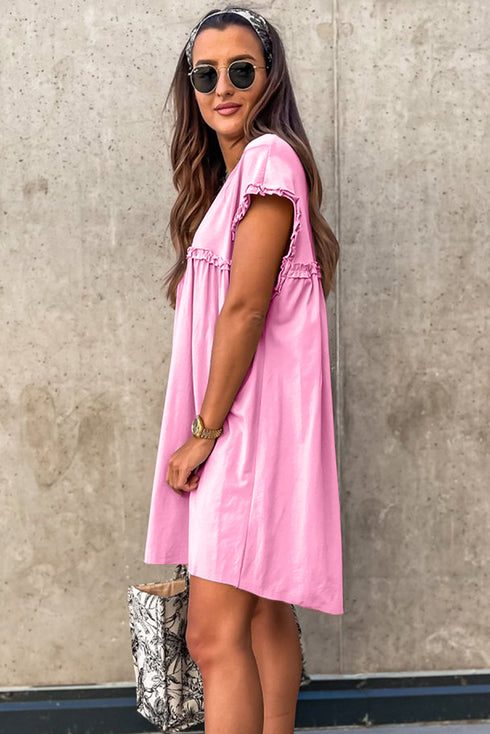 Frilled Trim Crew Neck Loose Fit Mini Dress