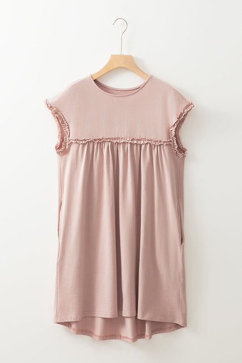 Frilled Trim Crew Neck Loose Fit Mini Dress