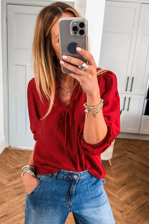 Frilled V Neck Bow Detail Three Quarter Sleeve Blouse