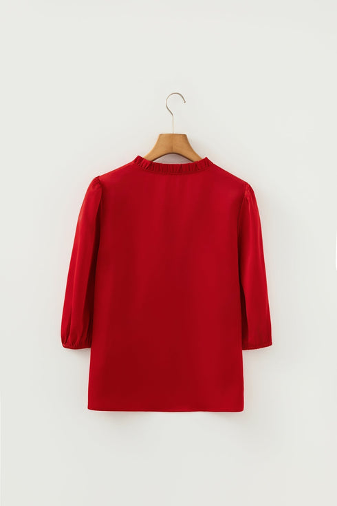 Frilled V Neck Bow Detail Three Quarter Sleeve Blouse