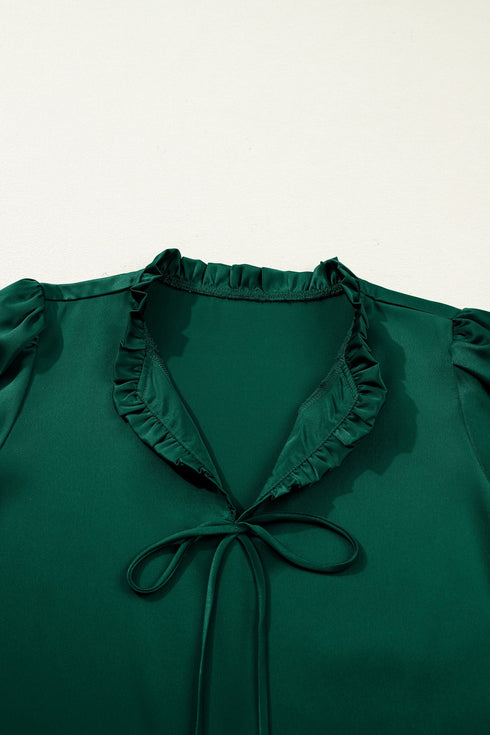 Frilled V Neck Bow Detail Three Quarter Sleeve Blouse