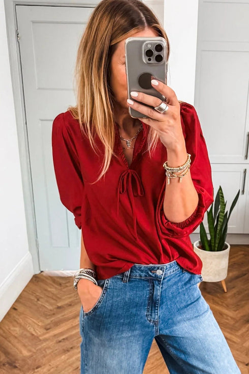 Frilled V Neck Bow Detail Three Quarter Sleeve Blouse