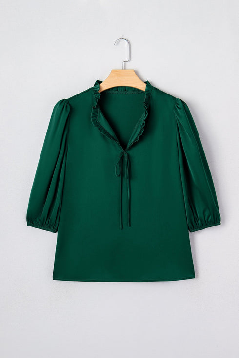 Frilled V Neck Bow Detail Three Quarter Sleeve Blouse