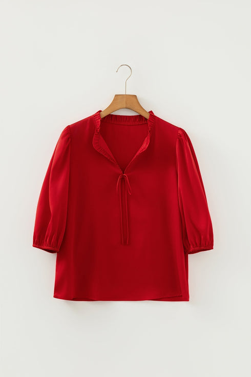 Frilled V Neck Bow Detail Three Quarter Sleeve Blouse