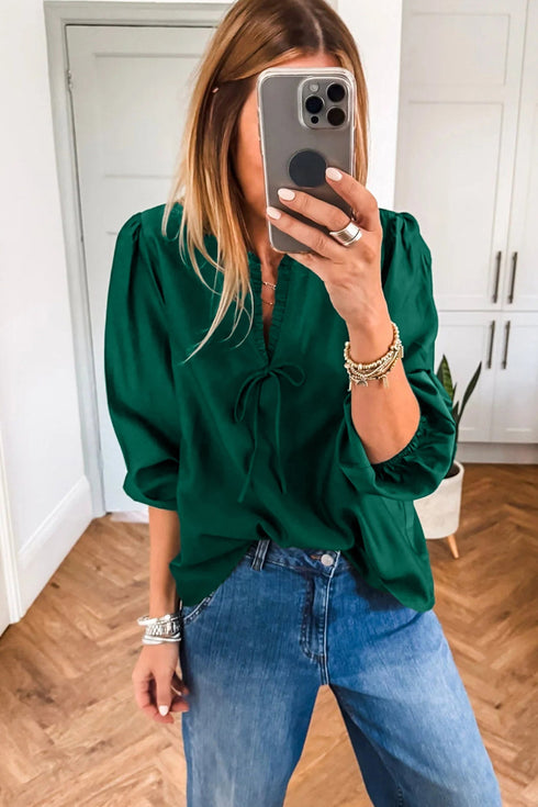 Frilled V Neck Bow Detail Three Quarter Sleeve Blouse