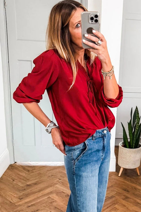 Frilled V Neck Bow Detail Three Quarter Sleeve Blouse