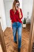 Frilled V Neck Bow Detail Three Quarter Sleeve Blouse