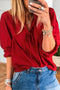 Frilled V Neck Bow Detail Three Quarter Sleeve Blouse