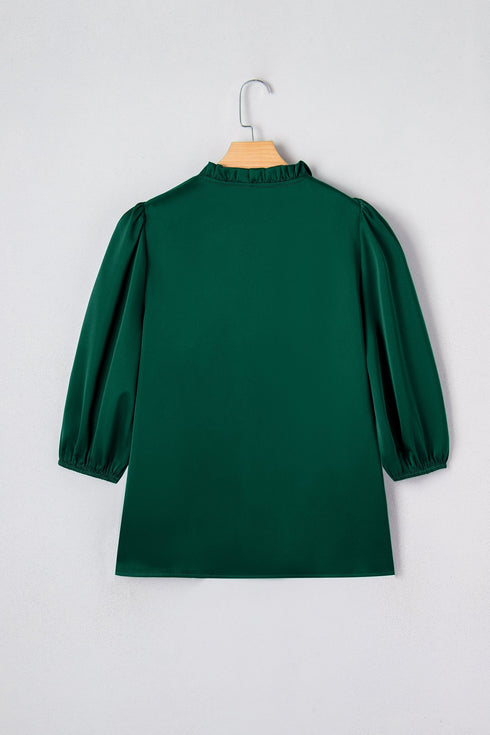 Frilled V Neck Bow Detail Three Quarter Sleeve Blouse