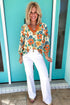 Frilled V Neck Floral Patchwork Bracelet Sleeve Woven Blouse