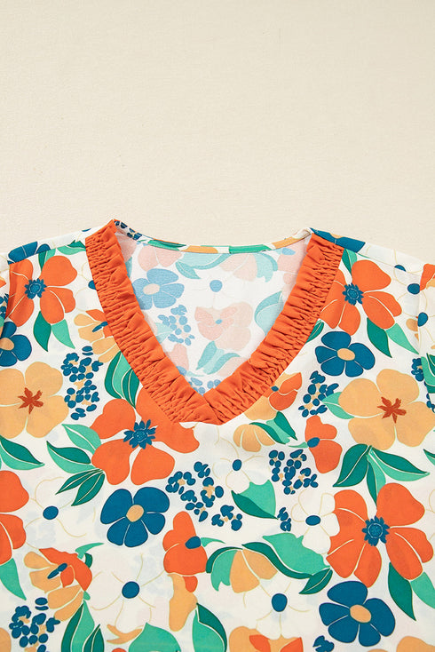 Frilled V Neck Floral Patchwork Bracelet Sleeve Woven Blouse