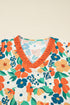 Frilled V Neck Floral Patchwork Bracelet Sleeve Woven Blouse