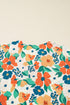 Frilled V Neck Floral Patchwork Bracelet Sleeve Woven Blouse
