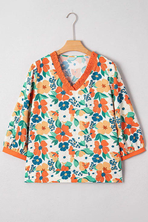 Frilled V Neck Floral Patchwork Bracelet Sleeve Woven Blouse