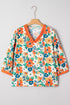 Frilled V Neck Floral Patchwork Bracelet Sleeve Woven Blouse