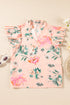 Frilled V Neck Floral Print Pleated Sleeve Blouse
