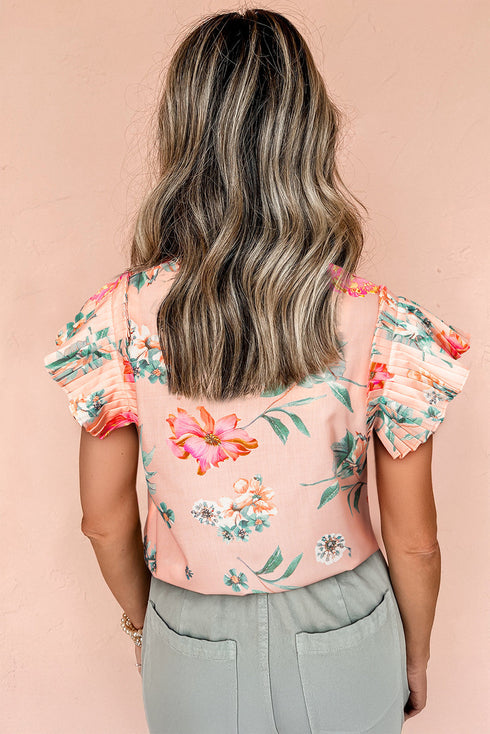 Frilled V Neck Floral Print Pleated Sleeve Blouse
