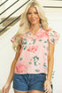 Frilled V Neck Floral Print Pleated Sleeve Blouse