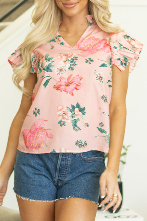 Frilled V Neck Floral Print Pleated Sleeve Blouse