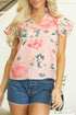 Frilled V Neck Floral Print Pleated Sleeve Blouse