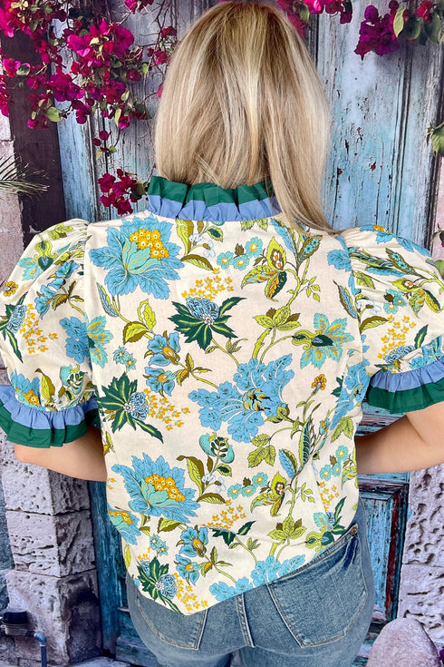 Frilled V Neck Floral Print Plus Size Short Sleeve Blouse