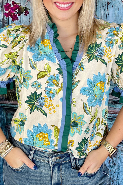 Frilled V Neck Floral Print Plus Size Short Sleeve Blouse