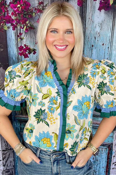Frilled V Neck Floral Print Plus Size Short Sleeve Blouse