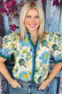 Frilled V Neck Floral Print Plus Size Short Sleeve Blouse
