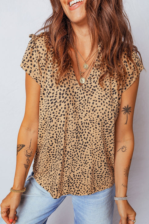 Frilled V Neck Shirred Detail Wild Print Blouse