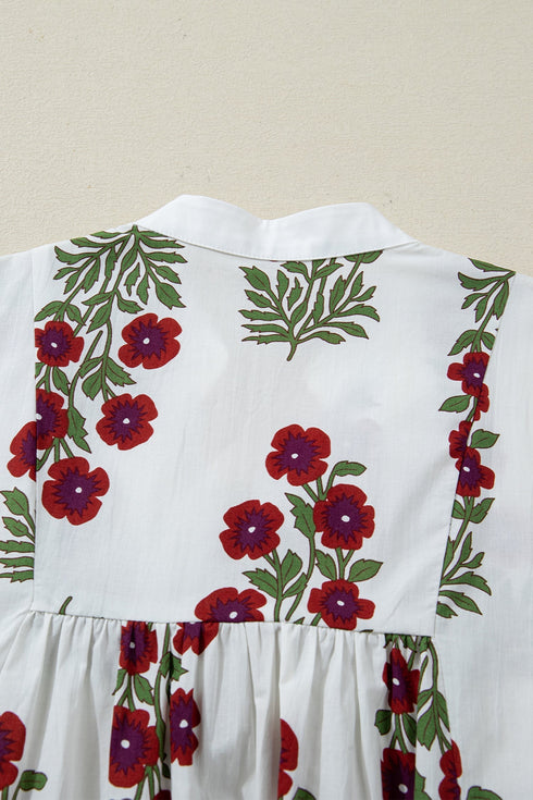 Frilled V Neck Three Quarter Sleeve A Line Floral Dress