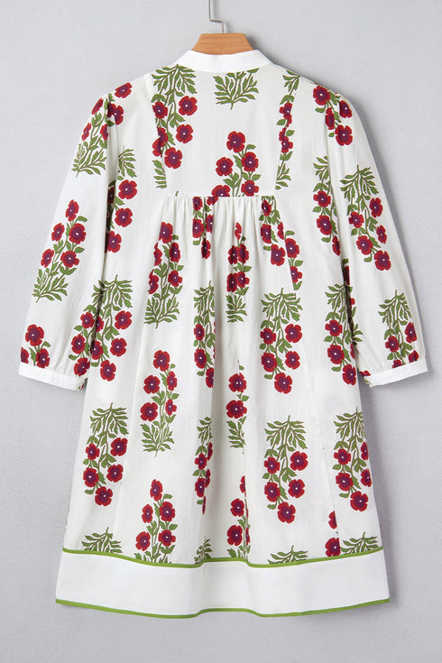 Frilled V Neck Three Quarter Sleeve A Line Floral Dress