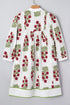 Frilled V Neck Three Quarter Sleeve A Line Floral Dress