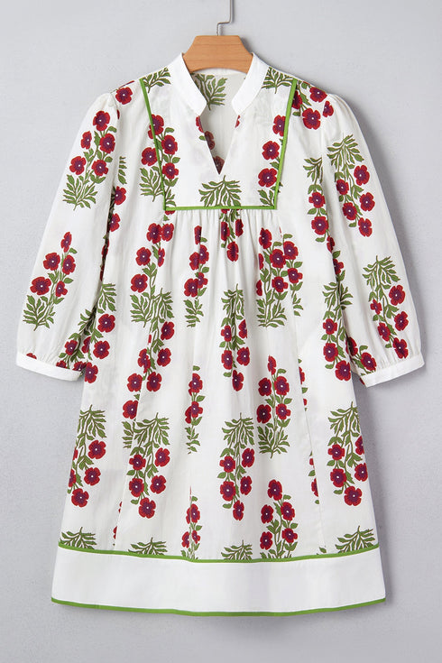 Frilled V Neck Three Quarter Sleeve A Line Floral Dress