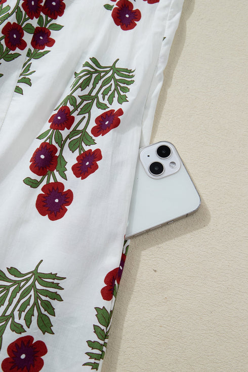 Frilled V Neck Three Quarter Sleeve A Line Floral Dress