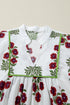 Frilled V Neck Three Quarter Sleeve A Line Floral Dress
