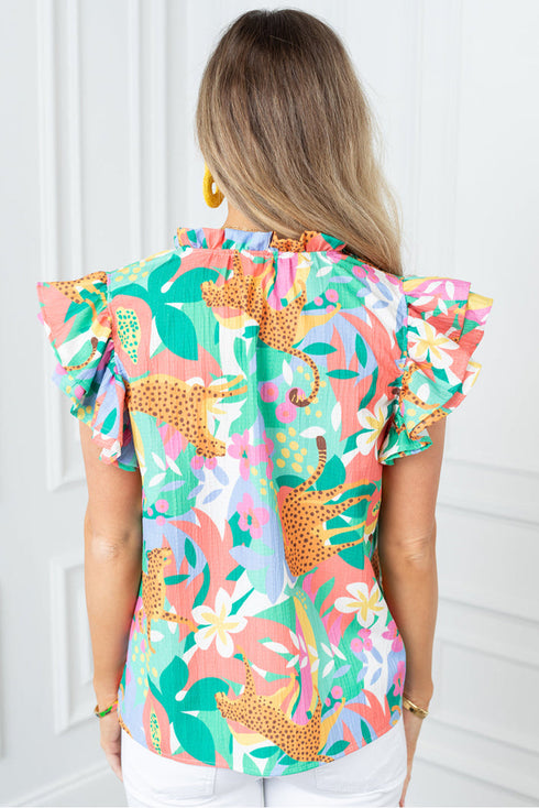 Frilly Ruffle Tie Accent Split Neck Woven Blouse