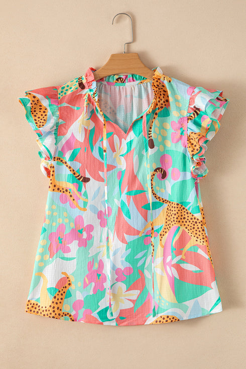 Frilly Ruffle Tie Accent Split Neck Woven Blouse