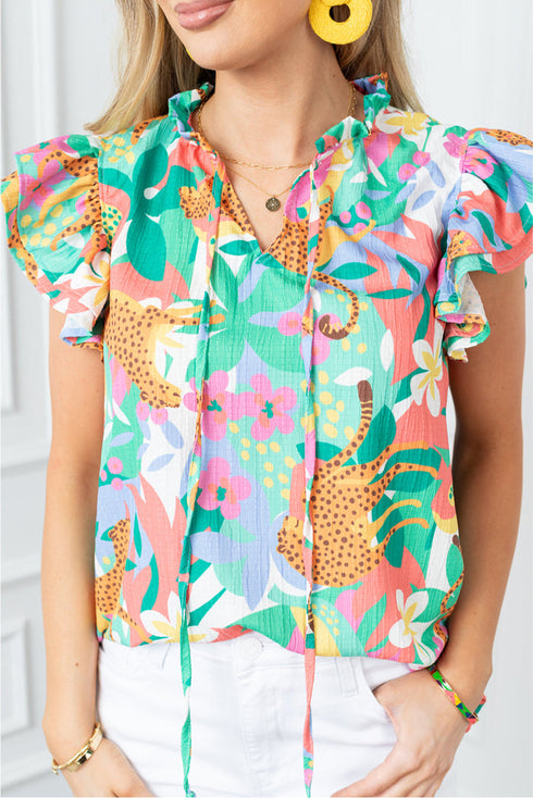 Frilly Ruffle Tie Accent Split Neck Woven Blouse