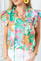 Frilly Ruffle Tie Accent Split Neck Woven Blouse