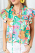 Frilly Ruffle Tie Accent Split Neck Woven Blouse