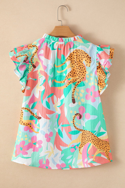 Frilly Ruffle Tie Accent Split Neck Woven Blouse