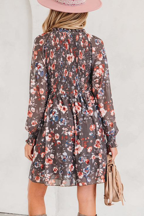 Frilly Smocked Bodice Mesh Long Sleeve Mini Floral Dress