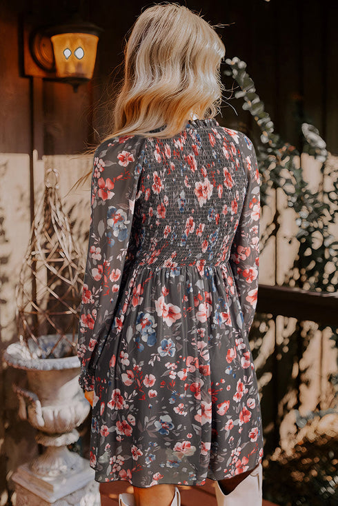 Frilly Smocked Bodice Mesh Long Sleeve Mini Floral Dress